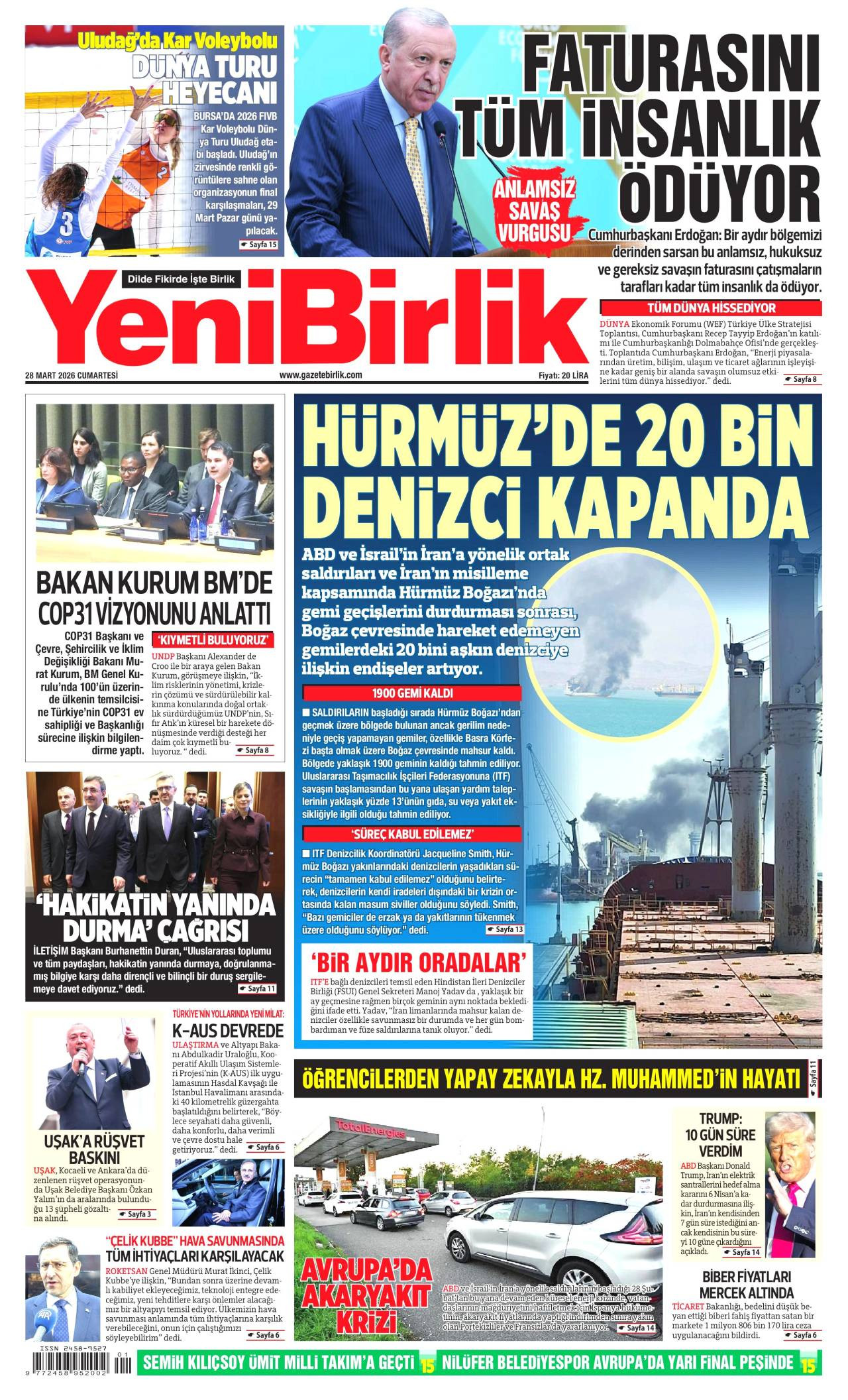 Yeni Birlik Gazetesi Gazete Manşeti
